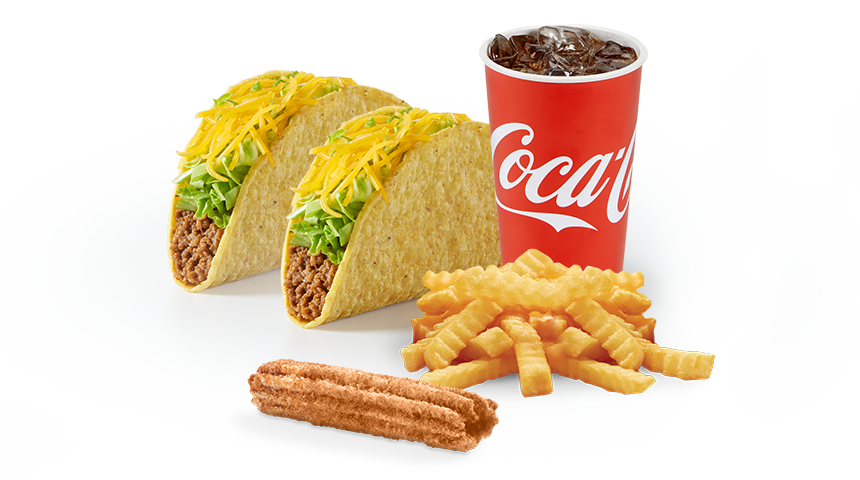 $4.49 Snack Taco Mucho Meal: For the taco fans, get 2 Snack Tacos, a Mini Cinnamon Churro, small Crinkle Cut Fries, and a 16oz Fountain Drink for only $4.49!