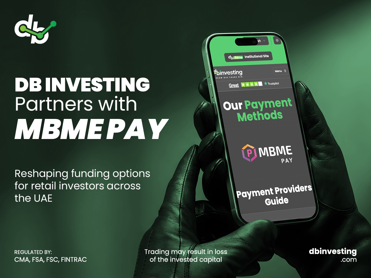 Promotional banner showing DB Investing’s partnership with MBME Pay on a smartphone screen.