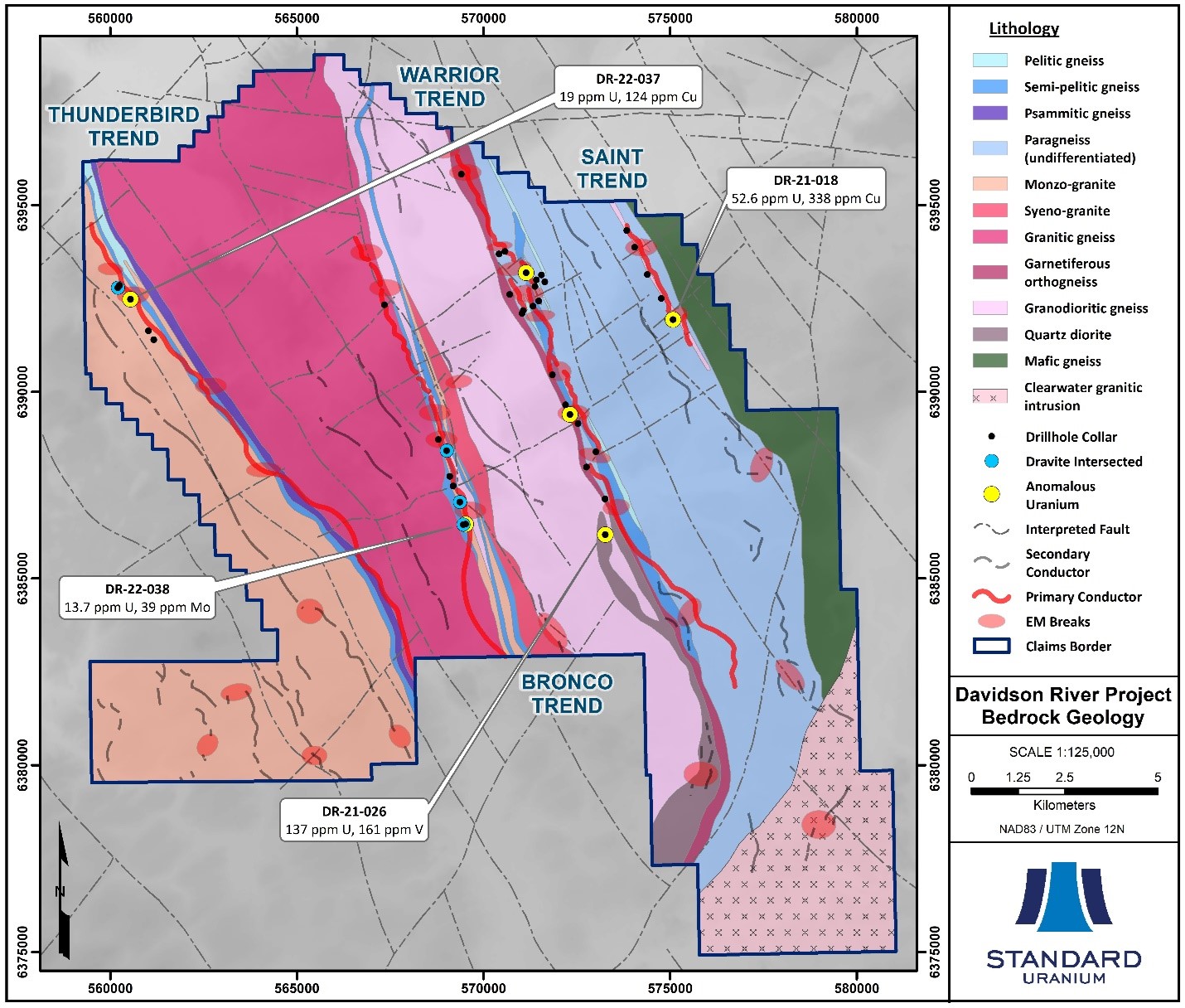 Plan map showing the expanded Davidson River project area and highlighting the local geology, EM conductors, dravite intersections, and anomalous uranium assays.