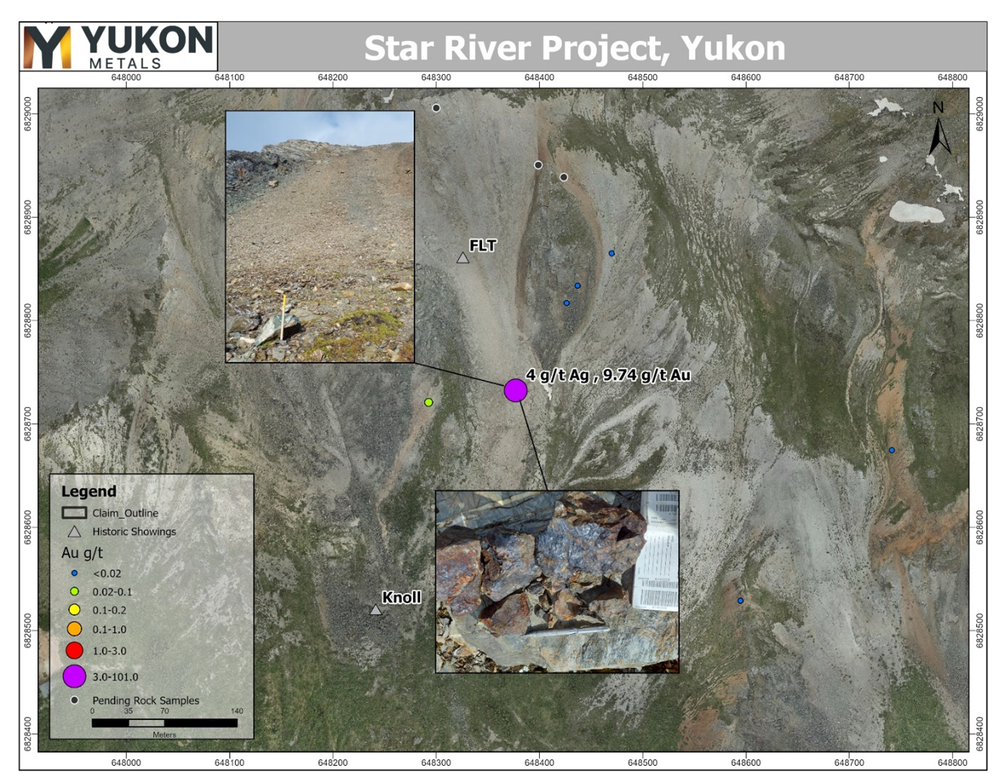 Samples taken near historic FLT showing, Au g/t.