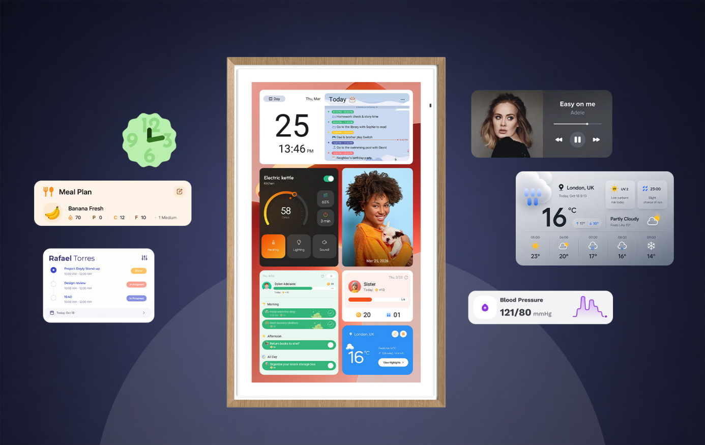 ApoloSign Digital Calendar with customizable dashboard widgets for meal planning, family schedules, to-do lists, and music control.