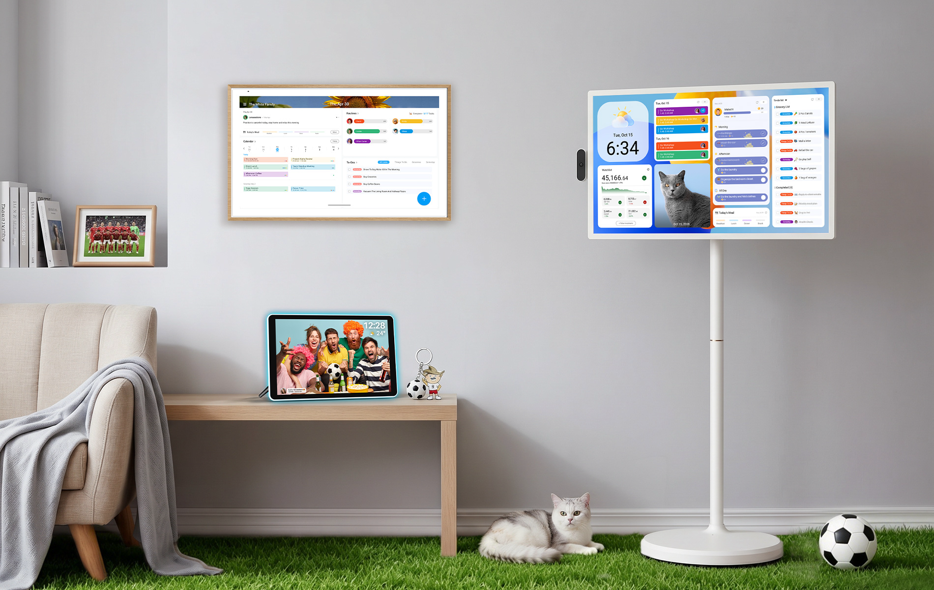 Apolosign Digital Calendar and Portable Smart TV in a modern family home setup showing smart family organization and entertainment solutions
