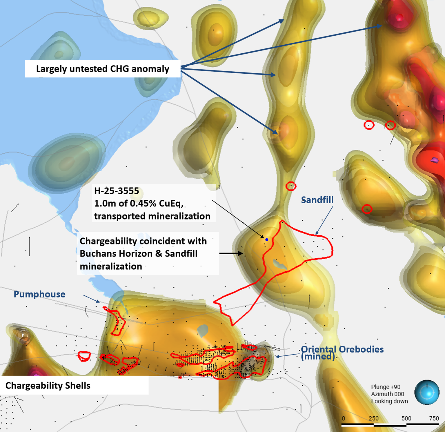 Sandfill target area showing location of hole H-25-3555 and deep 3DIP anomaly trend defined by increased chargeability (coloured shells are Chargeability of >16 mV/V from Canterra's 2025 3DIP surveys. Historic drill collars are shown.
