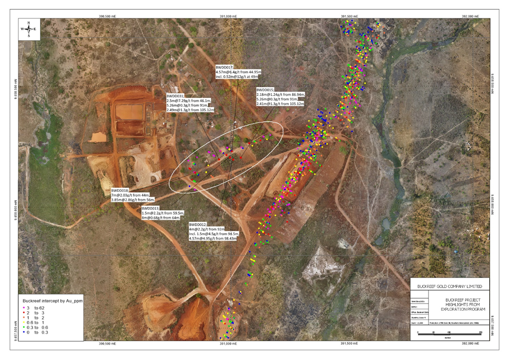 Figure 2: Aerial Composite with Select Intercepts - Highlighting the Position of Buckreef West vs. the Buckreef Main Zone