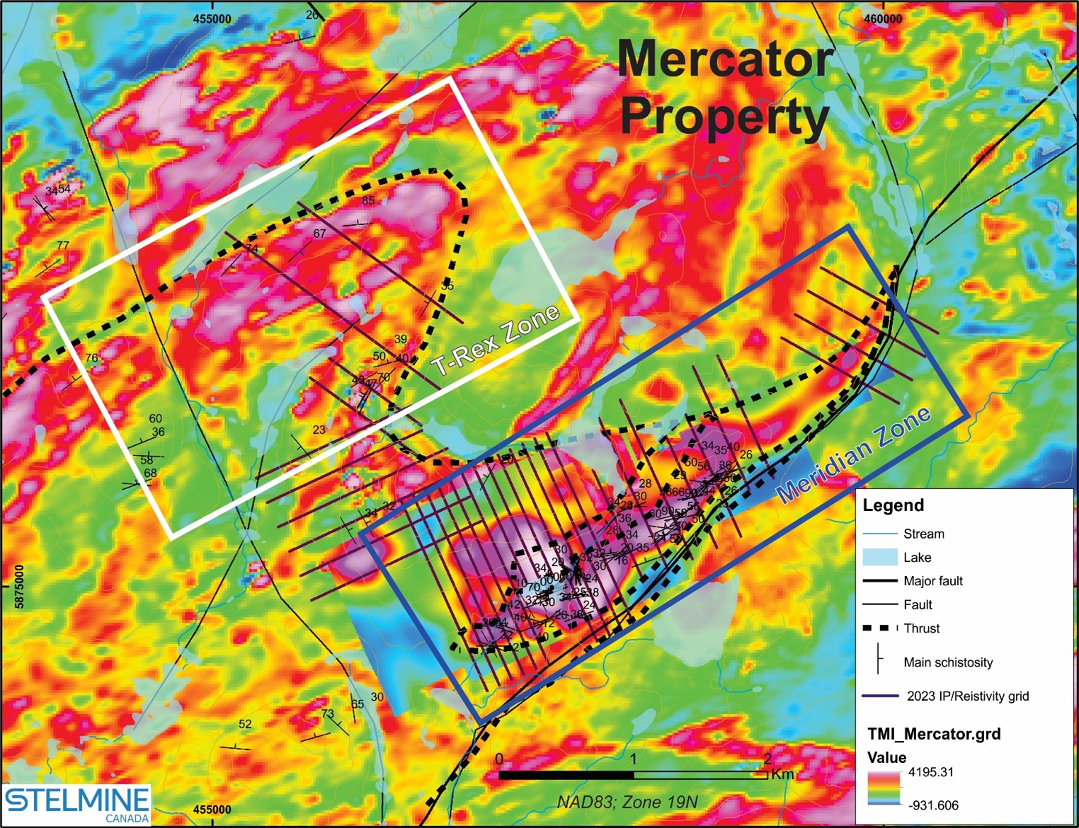 Carte de contour de l’Intensité Magnétique Totale (TMI) montrant la zone aurifère Meridian et la zone T-Rex à haut potentiel aurifère situées au cœur de la propriété Mercator.
