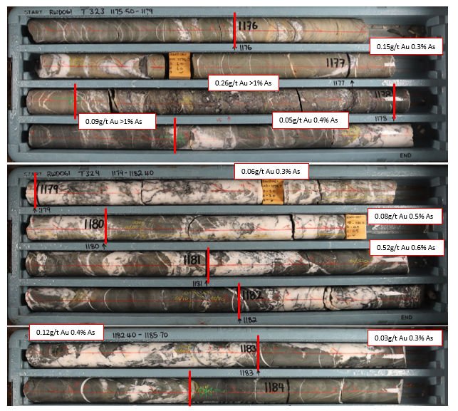 RWD061 – Subvertical meta-sediments with cross-cutting shallow east dipping sheeted quartz-arsenopyrite veins and breccias (7m interval grading 0.16g/t Au and >0.5% As from 1,176 m).