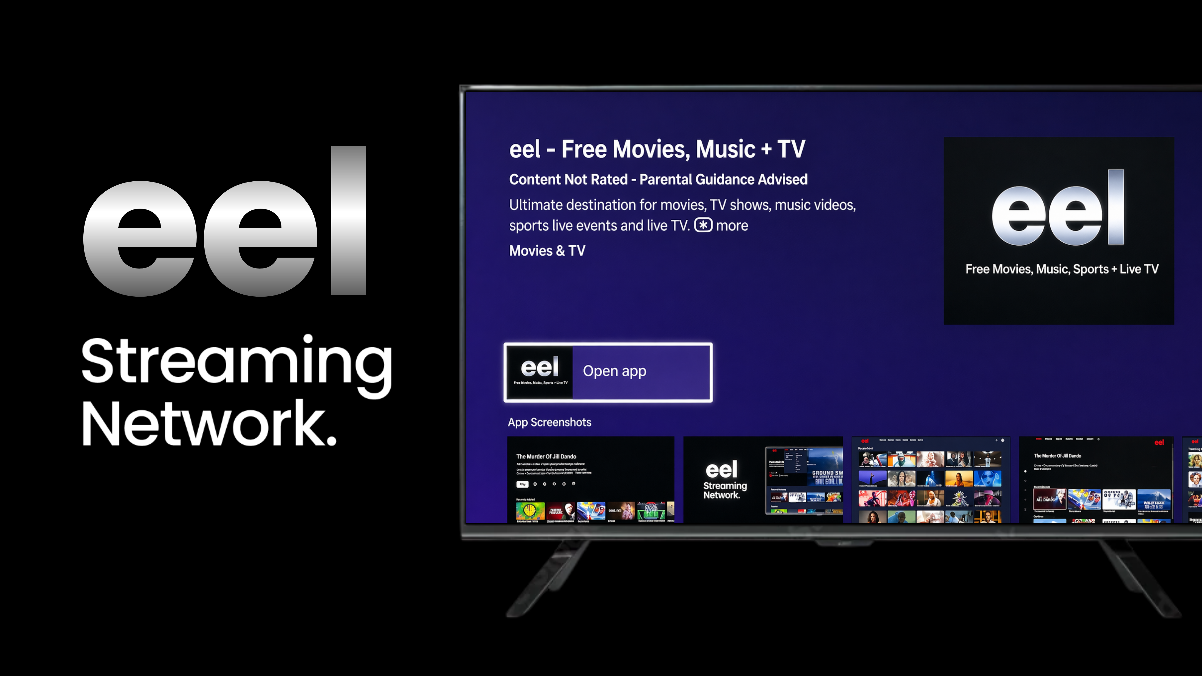 eel free streaming platform displayed on a connected TV, featuring movies, TV shows, music videos, sports and live TV.