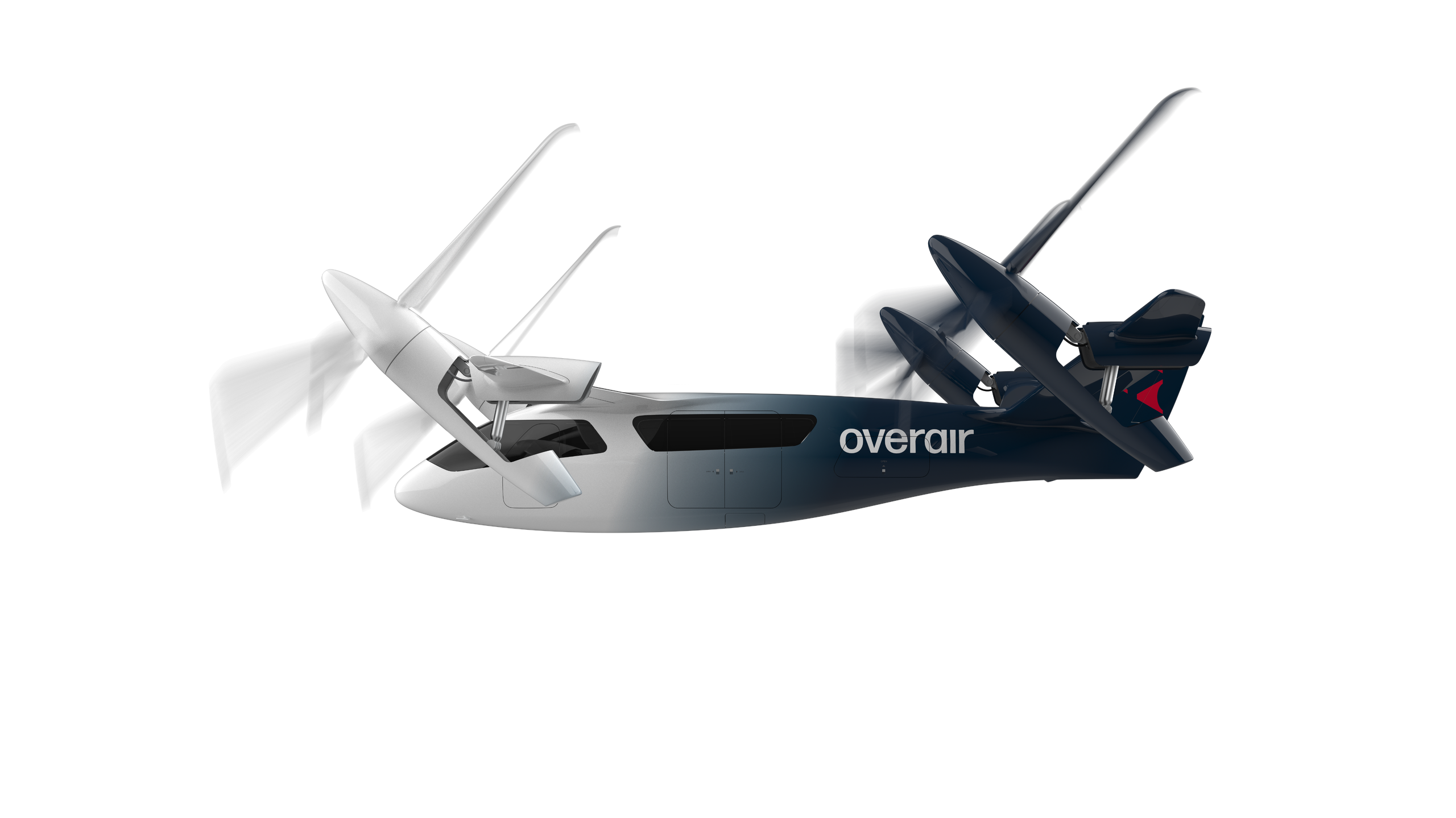 Rendering of Overair Butterfly eVTOL aircraft transitioning from vertical to forward flight 