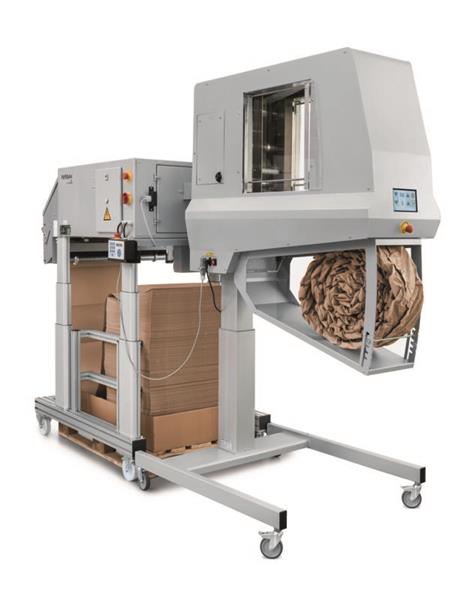 PAPERplus® Coiler² processes the paper pads that are pre-formed by the PAPERplus® Classic, PAPERplus® Crossover, or PAPERplus® Track paper machine systems and turns them into robust coils of paper cushioning. Image: Storopack