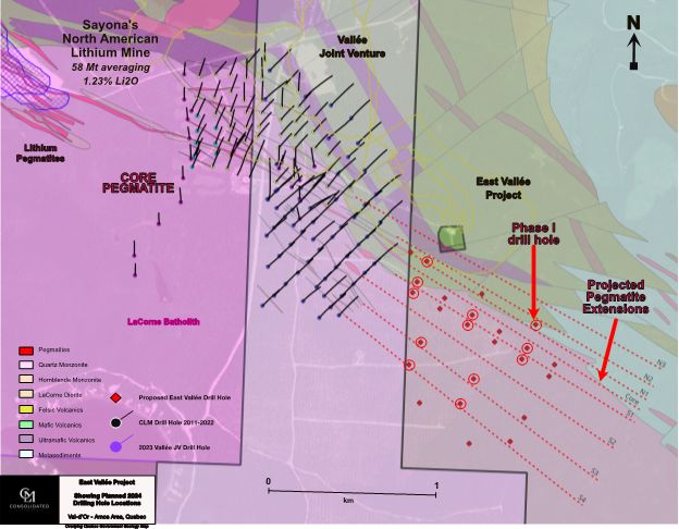 Map showing approximate locations of the drill holes for Phase I on the East Vallée drilling program and the location of drill-indicated pegmatites intersected in 2023 on the Company’s adjacent Vallée JV Property initially disclosed in the CLM news release dated February 14, 2024.  Property boundaries from Company resources and historical drill hole, geology and showing information from the Government of Quebec website https://sigeom.mines.gouv.qc.ca/signet/classes/I1108_afchCarteIntr .