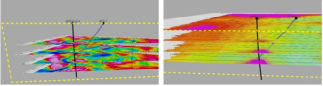 Montcalm (left) Borehole IP Composite Level Plan/Section with Proposed Borehole to 600 m; (right) VTEM Composite Level Plan/Section with Proposed Borehole to 600 m