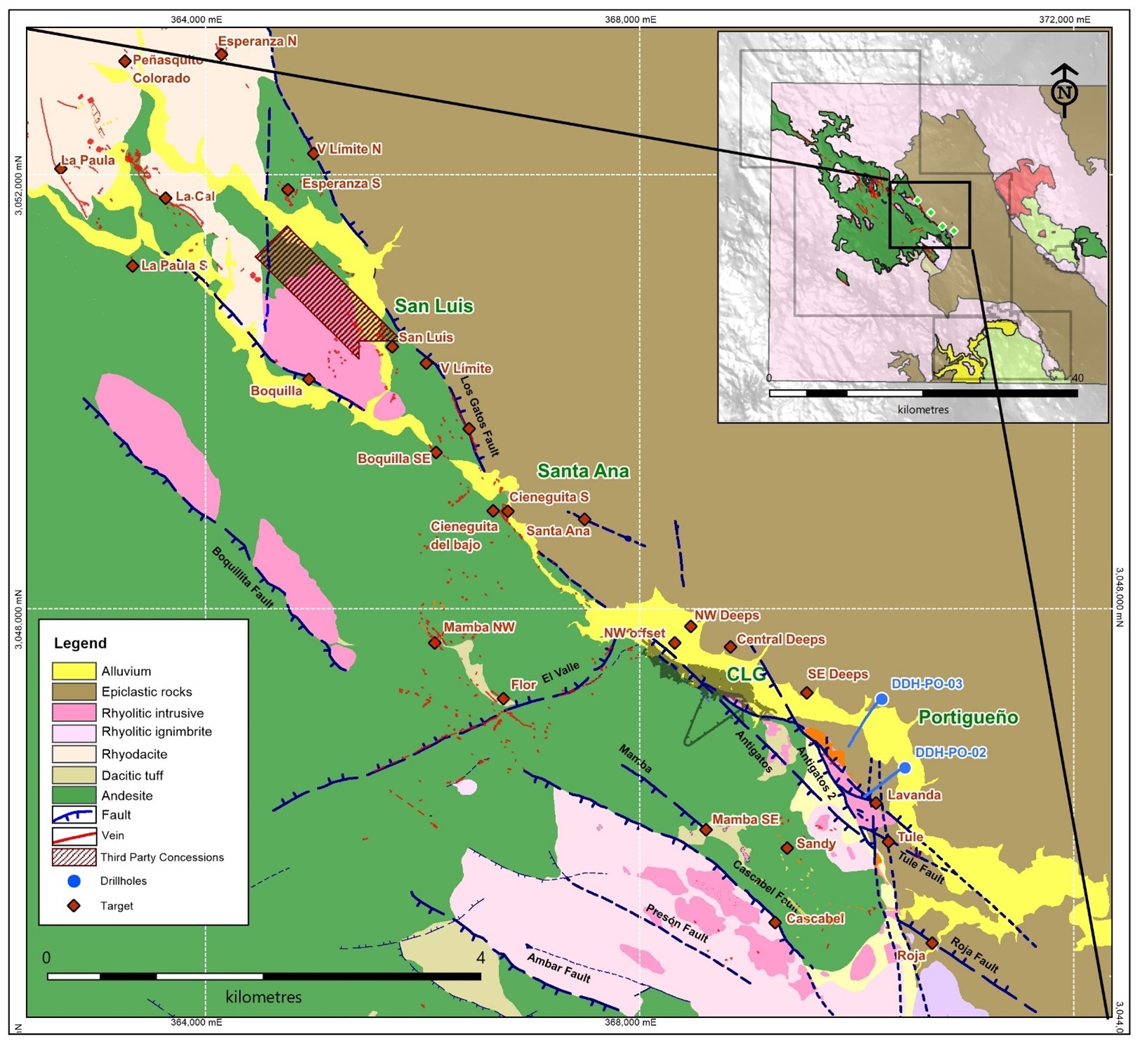 Plan view of near-mine prospects, select high-priority drill targets and drillholes PO-02 and PO-03