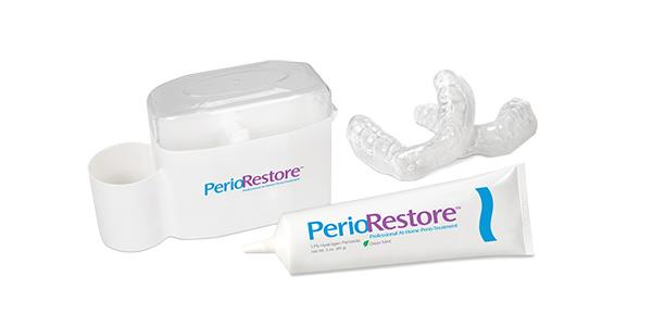 The Perio Restore System consists of a customized tray designed to gently push a 1.7% Hydrogen Peroxide gel deep into each periodontal pocket.