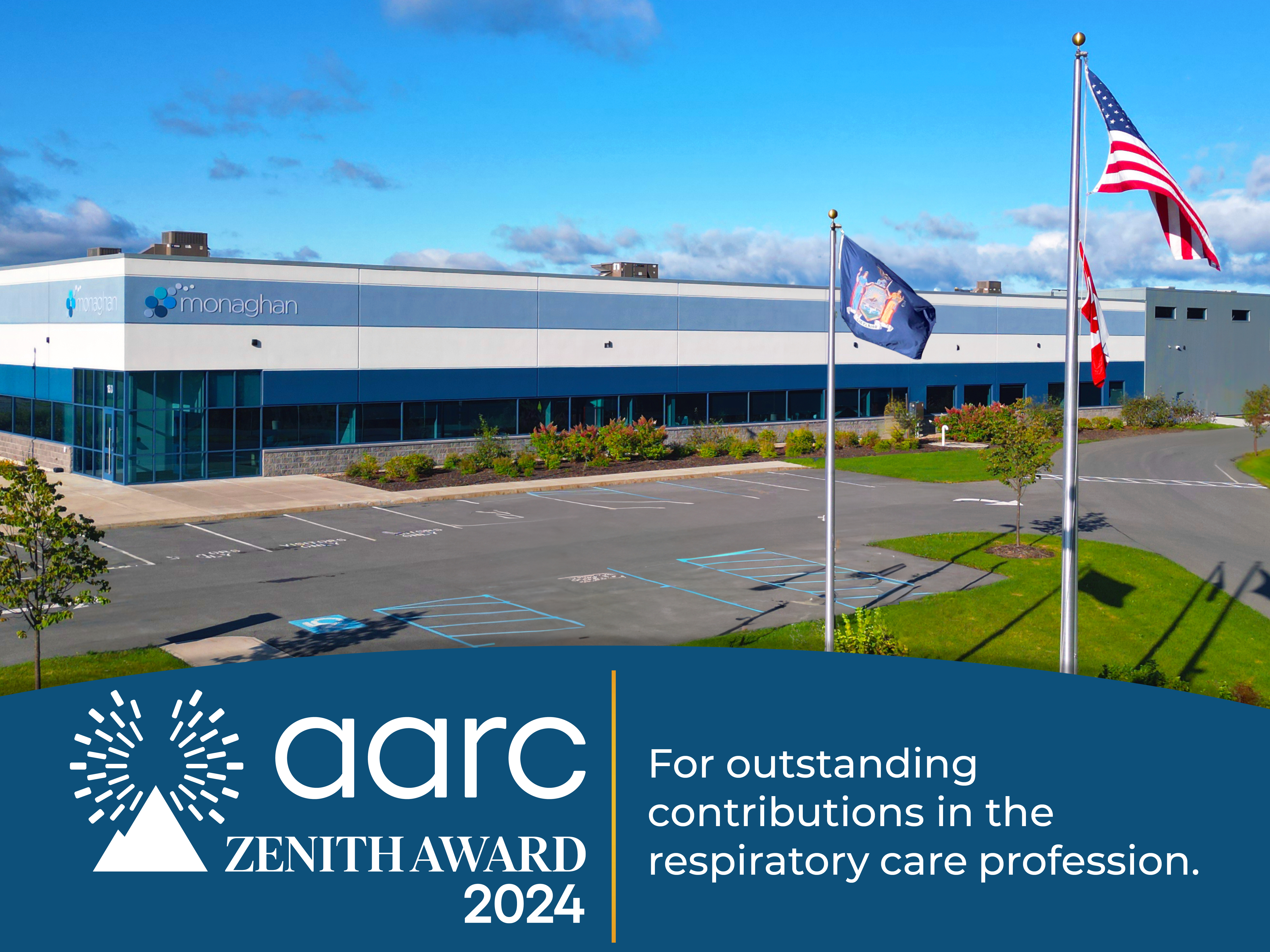 Monaghan Medical Headquarters in Plattsburgh with 2024 Zenith Award logo and 'For outstanding contributions in the respiratory care profession' text