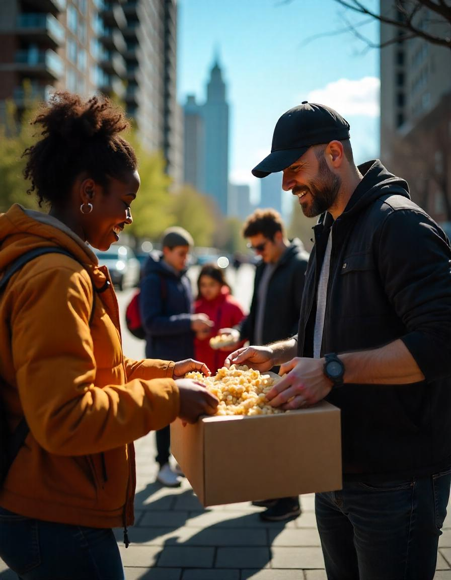 A heartwarming moment as community members come together to share food and joy on a sunny day. Acts of kindness can light up any city street, creating a ripple of positivity for all.