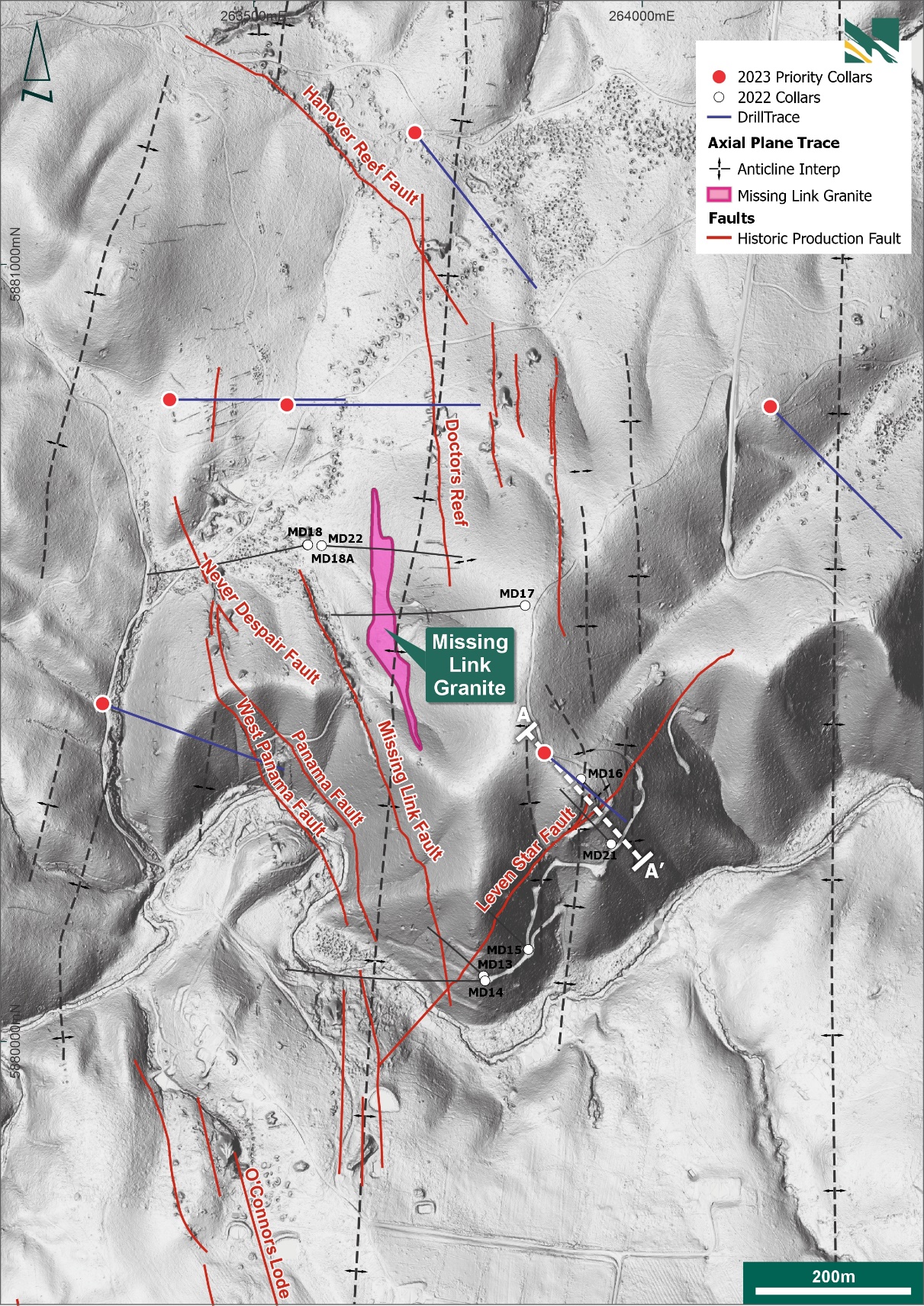 Collar plan map for upcoming diamond drilling (six primary collars planned). Figure shows key reefs (red lines) and anticline 