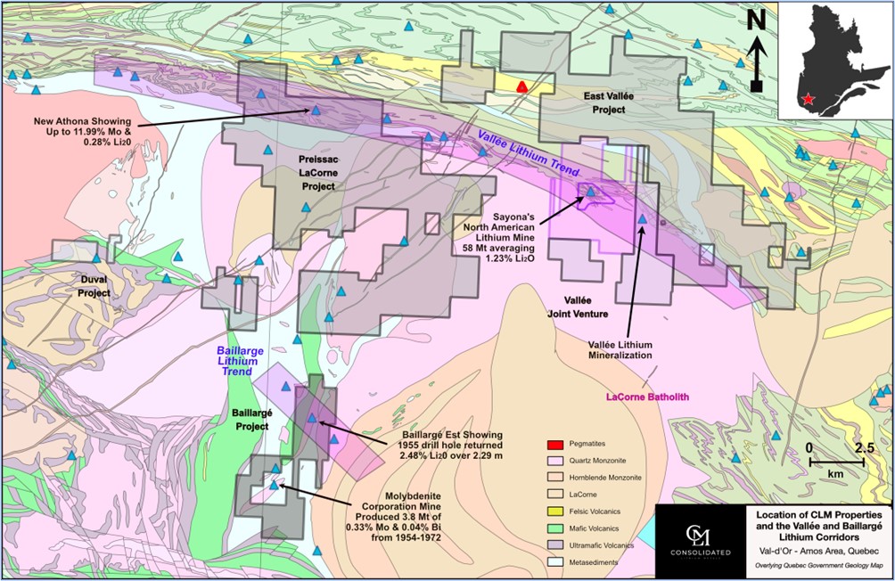 CLM Regional Projects Map - Property boundaries from Company resources and historical drill hole, geology and showing information from the Government of Quebec website