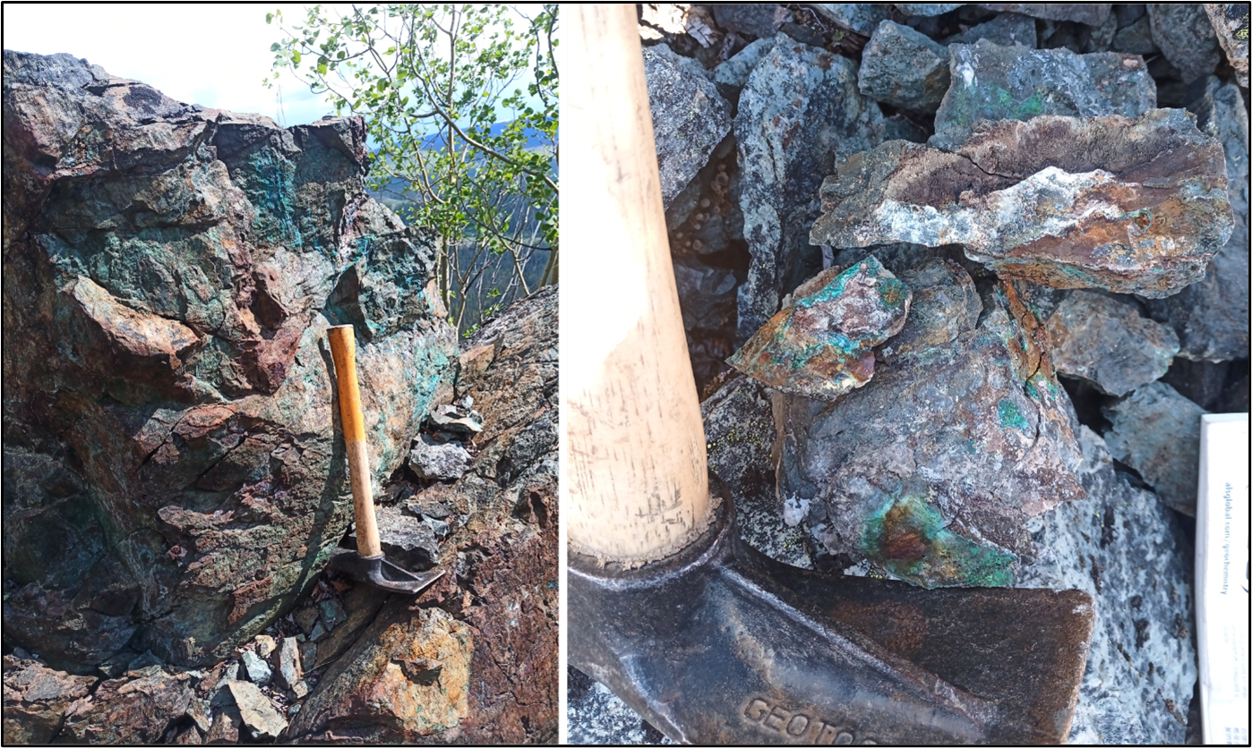 Sample 997128 from north of the Sylvia Target (<percent>1.5%</percent> copper and 36.1 g/t silver). Left: large green copper stained and mineralized outcrop on ridge top. Right: close up of sample 997128 showing green copper staining and quartz veinlets in silicified volcanic rock containing disseminated chalcopyrite and pyrite.