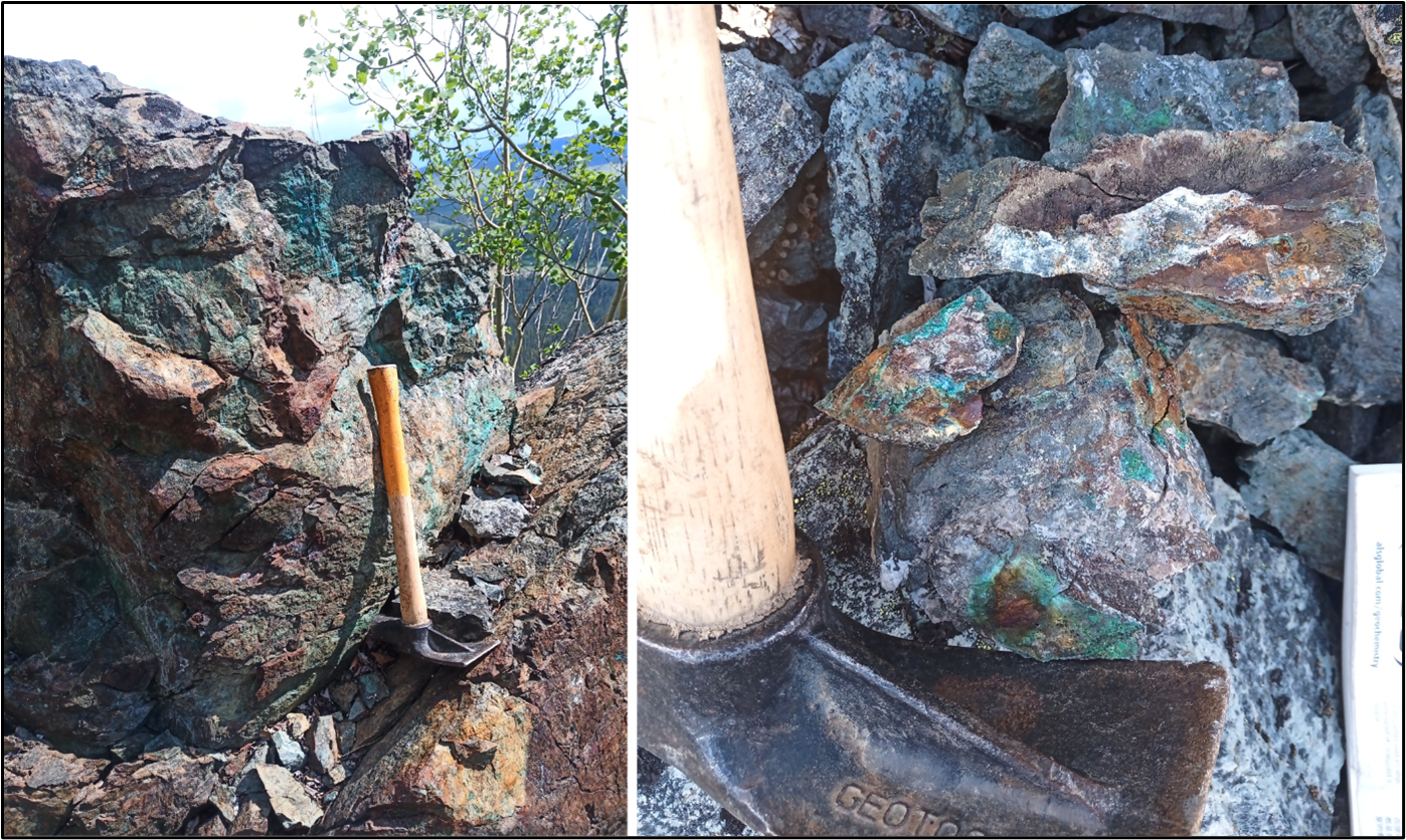 Sample 997128 from north of the Sylvia Target (1.5% copper and 36.1 g/t silver). Left: large green copper stained and mineralized outcrop on ridge top. Right: close up of sample 997128 showing green copper staining and quartz veinlets in silicified volcanic rock containing disseminated chalcopyrite and pyrite.