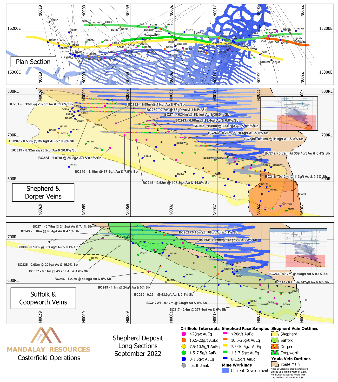 Longitudinal sections of Shepherd and Suffolk veining with new results labelled with hole ID. Results of grade above