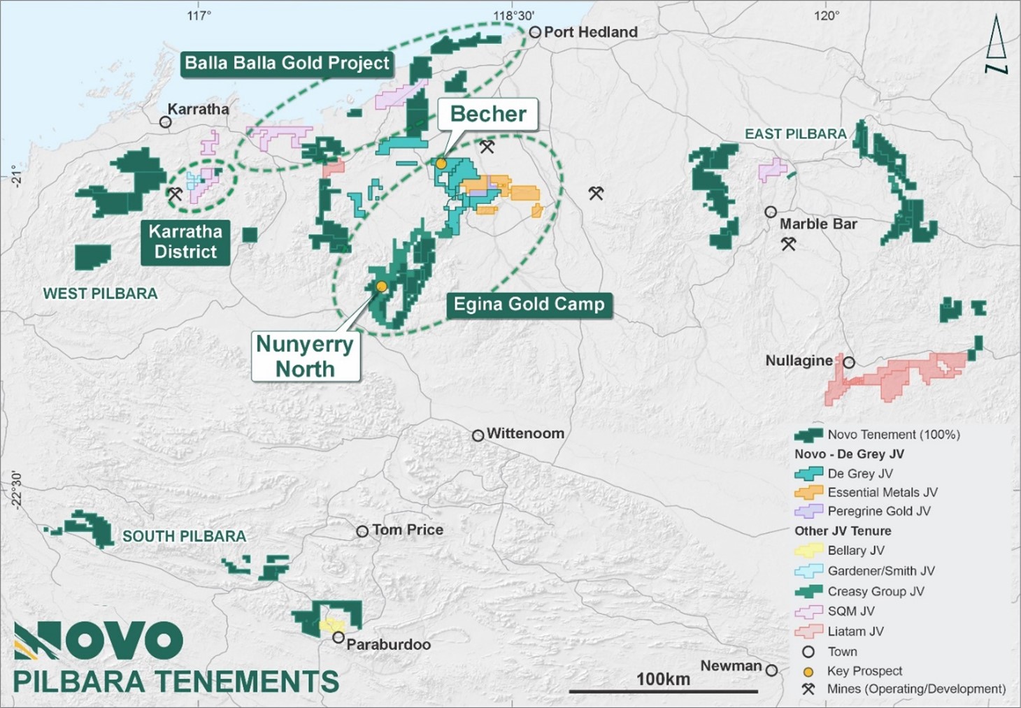 Novo Pilbara tenure showing main projects and significant prospect