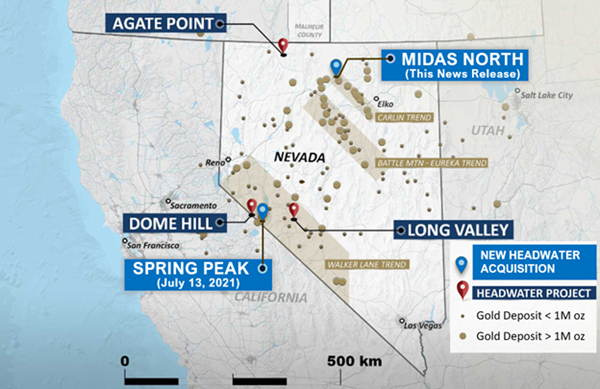 Figure 2-  Location of Midas North Project and other Headwater Gold Nevada projects.