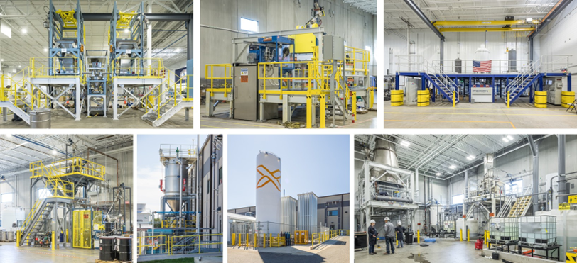 Various operations, including clockwise from top left – reagent mixing, crucible loading / unloading, HAMR furnace operations, product leaching, argon facilities, product collector, jet mill operations