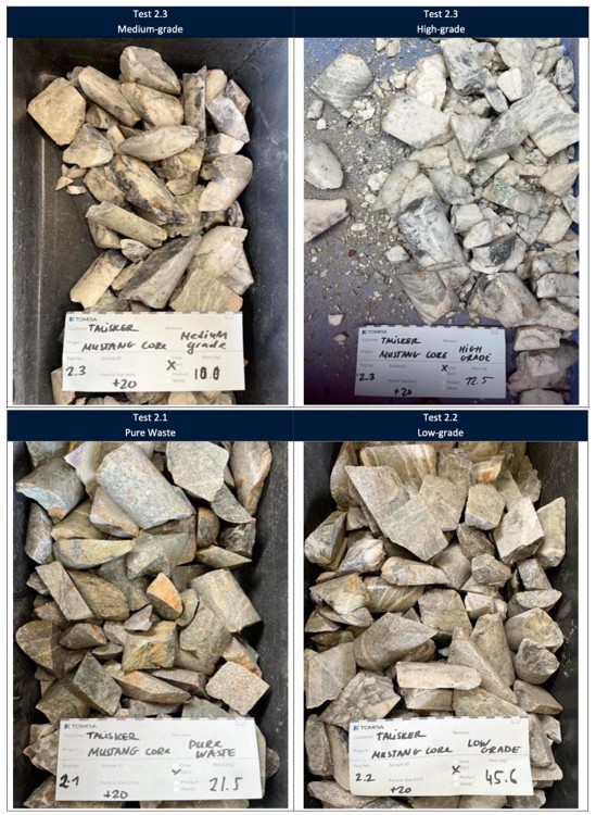 Visual results of drill core material from the Mustang Mine showing material sorted into four fractions based on quartz percentage.