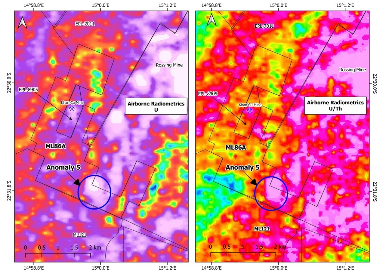 Uranium and uranium/thorium regional radiometric signatures over ML86A. Anomaly 5 occurs in the southeastern portion of ML86A.