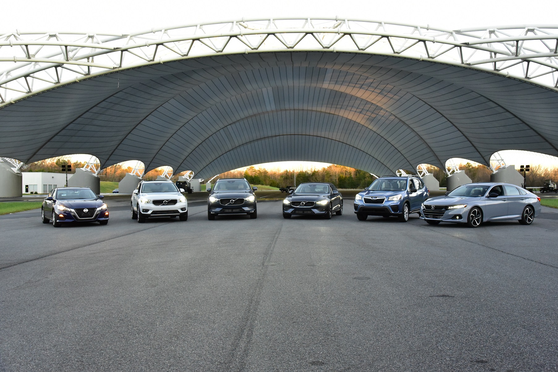 Models with improved headlights for 2021 include the Nissan Altima, Volvo XC40, Volvo XC60, Volvo S60, Subaru Forester and Honda Accord. Vehicles are pictured at the IIHS Vehicle Research Center in Ruckersville, Va. 