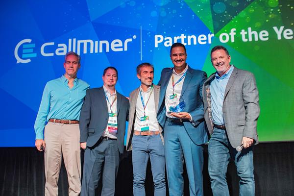 Mike Small, Olivier Camino and Cristopher Kuehl of Sitel Group joined CallMiner's CEO Paul Bernard and CTO Jeff Gallino on the LISTEN stage to receive the 2019 Partner of the Year award.