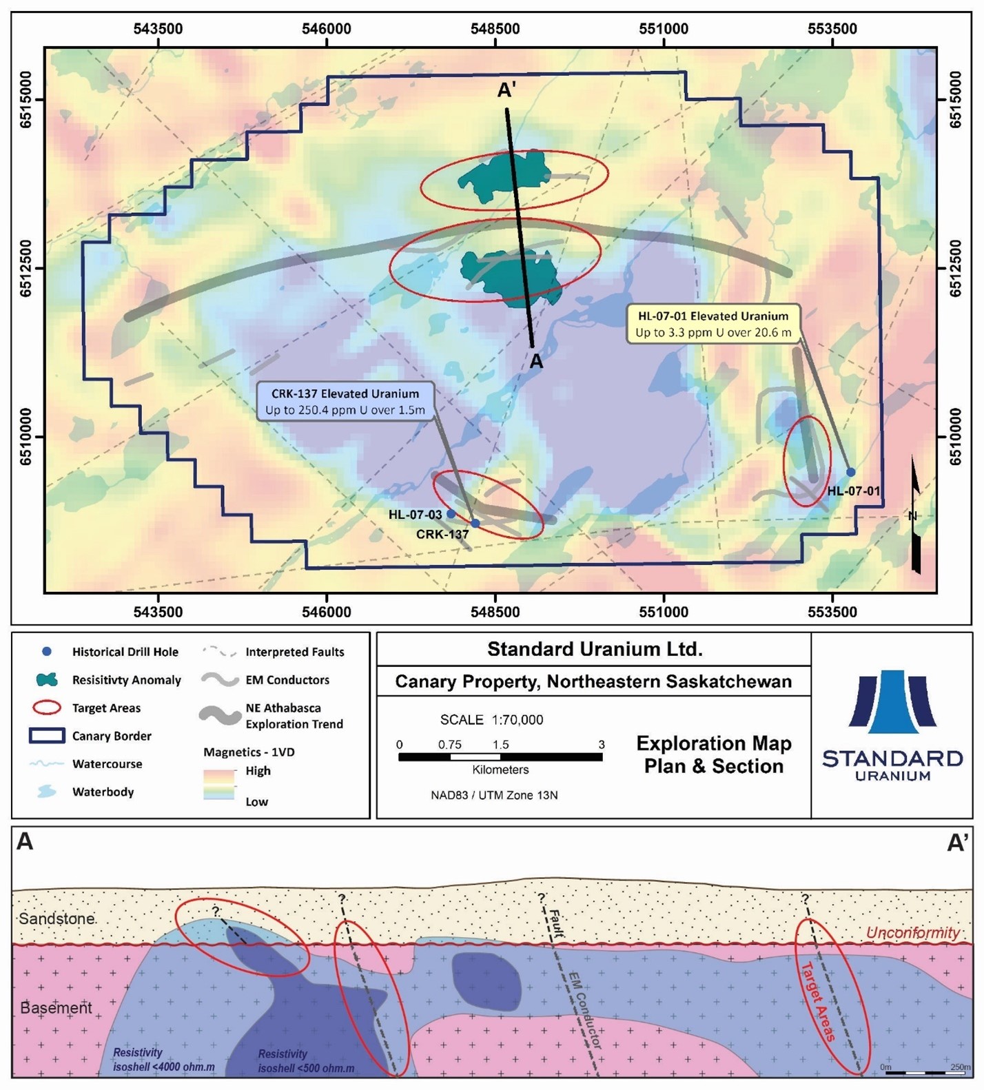 Geophysical map and schematic cross-section A-A highlighting basement-linked resistivity anomalies identified through the 2022 DC/IP survey on the...