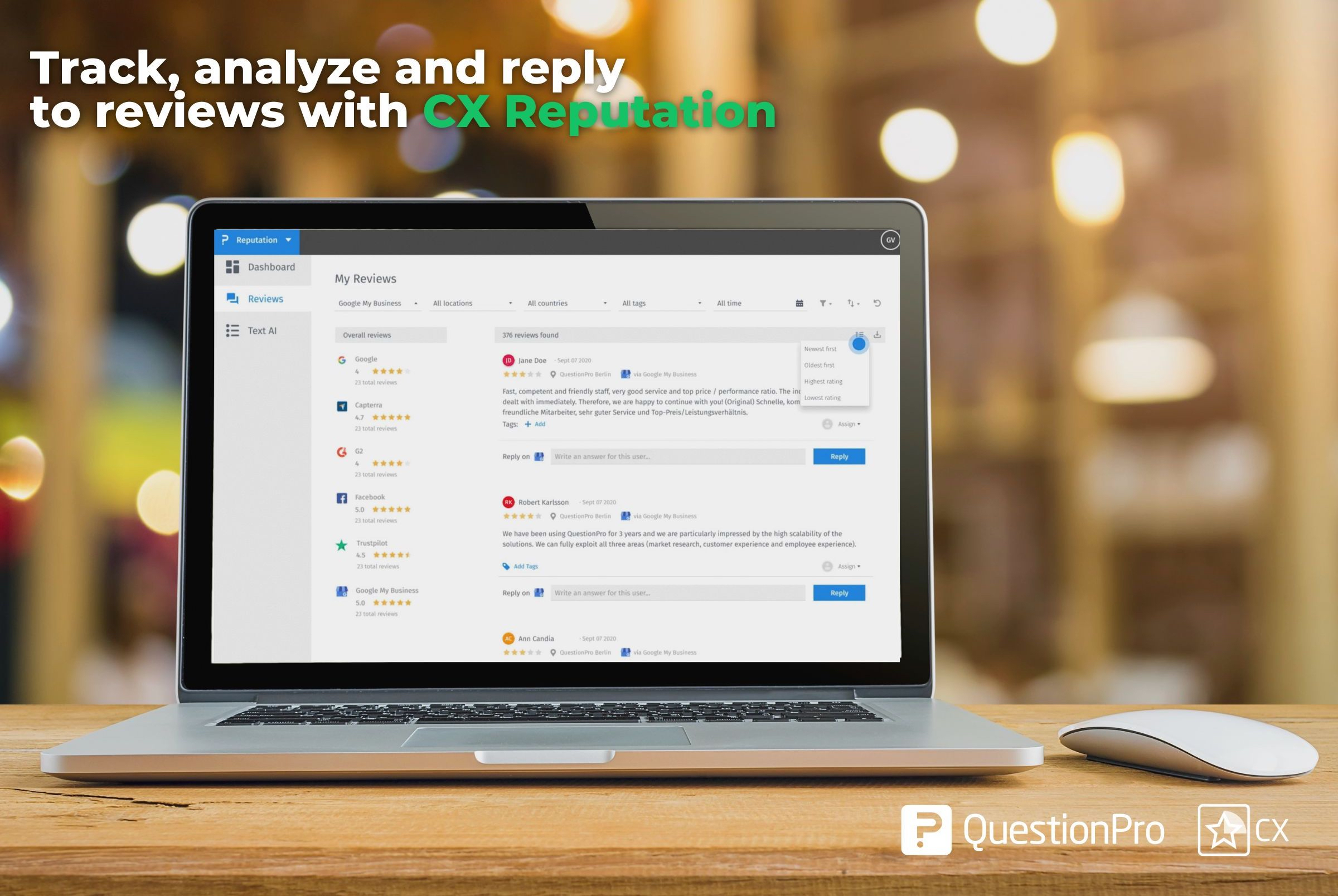 QuestionPro's CX Reputation is an all-in-one platform for reputation management that monitors and analyzes a company’s, brand’s or product’s public ratings and review sites, turning them into actionable insights.