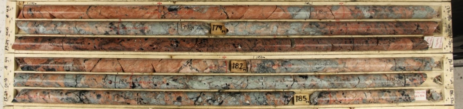 Spodumene Pegmatite from FL24-010. Approximately <percent>1.10%</percent> Li2O over interval (176.22 m – 186.10 m)