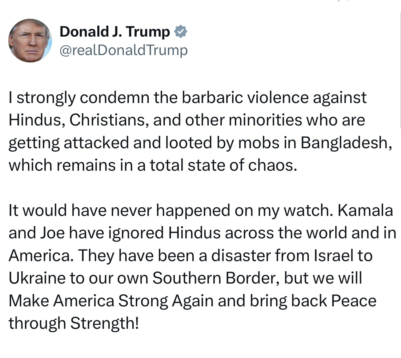  A recent X post highlights President Donald Trump's condemnation of violence against religious minorities in Bangladesh.