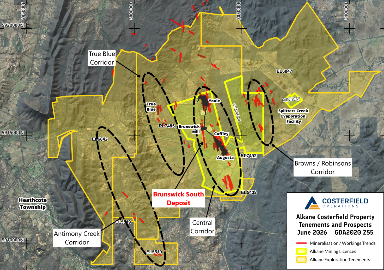 Regional map of the Costerfield Project in GDA2020 grid showing Alkane tenements and the main corridors of mineralisation identified, highlighting the location of the Brunswick South deposit. 