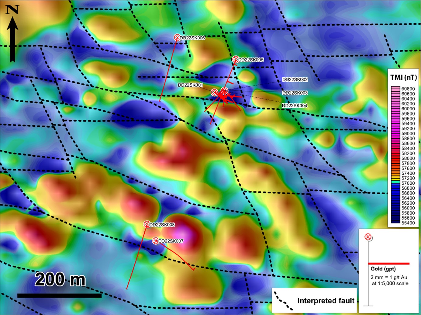 Plan map showing November 2022 diamond drill hole locations with interpreted 2022 ground magnetics.