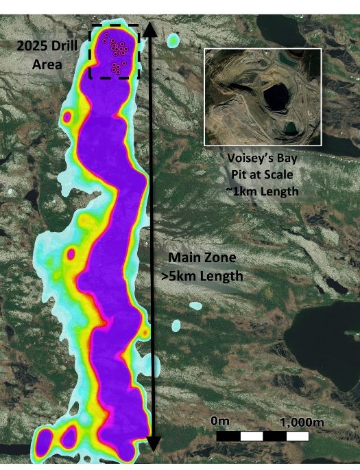 Local EM response outlining the mineralized horizon at the Kraken Main Zone, with 2025 drill collars displayed. The extent of the anomaly is shown alongside the Voisey’s Bay pit outline for scale reference.