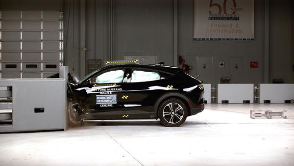 The all-electric 2021 Ford Mustang Mach-E in the IIHS 40-mph driver-side small overlap crash test. The Mach-E earns good ratings in six crashworthiness tests and qualifies for a TOP SAFETY PICK award when equipped with specific headlights. 