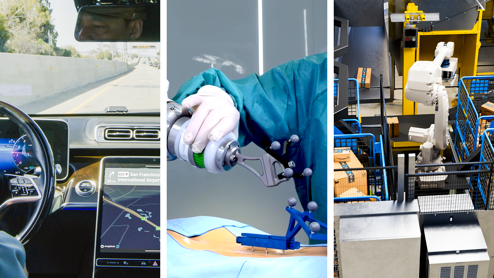 The NVIDIA Isaac robotics platform powers electronics, healthcare and industrial applications. Credit: Virtual Incision (center), Amazon Robotics (right)