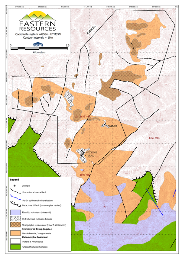 Kutel Gold Project Geology and Exploration Diamond Drill Hole Locations