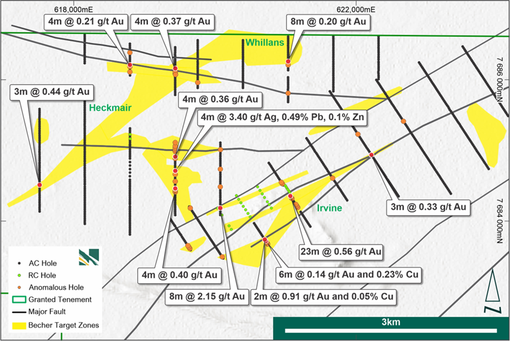 Target map with best AC drill intercepts annotated >0.1 g/t Au, targets derived from AC, Au and multielement assay (yellow), AC (black) and RC (green) drilling to date over SRTM image and structural interpretation.”><figcaption>Target map with best AC drill intercepts annotated >0.1 g/t Au, targets derived from AC, Au and multielement assay (yellow), AC (black) and RC (green) drilling to date over SRTM image and structural interpretation.</figcaption></figure></div><p><strong>HIGHLIGHTS</strong></p><ul><li style=