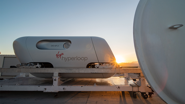 Virgin Hyperloop's XP-2 vehicle loading into the tube at the DevLoop test site in Las Vegas, Nevada.