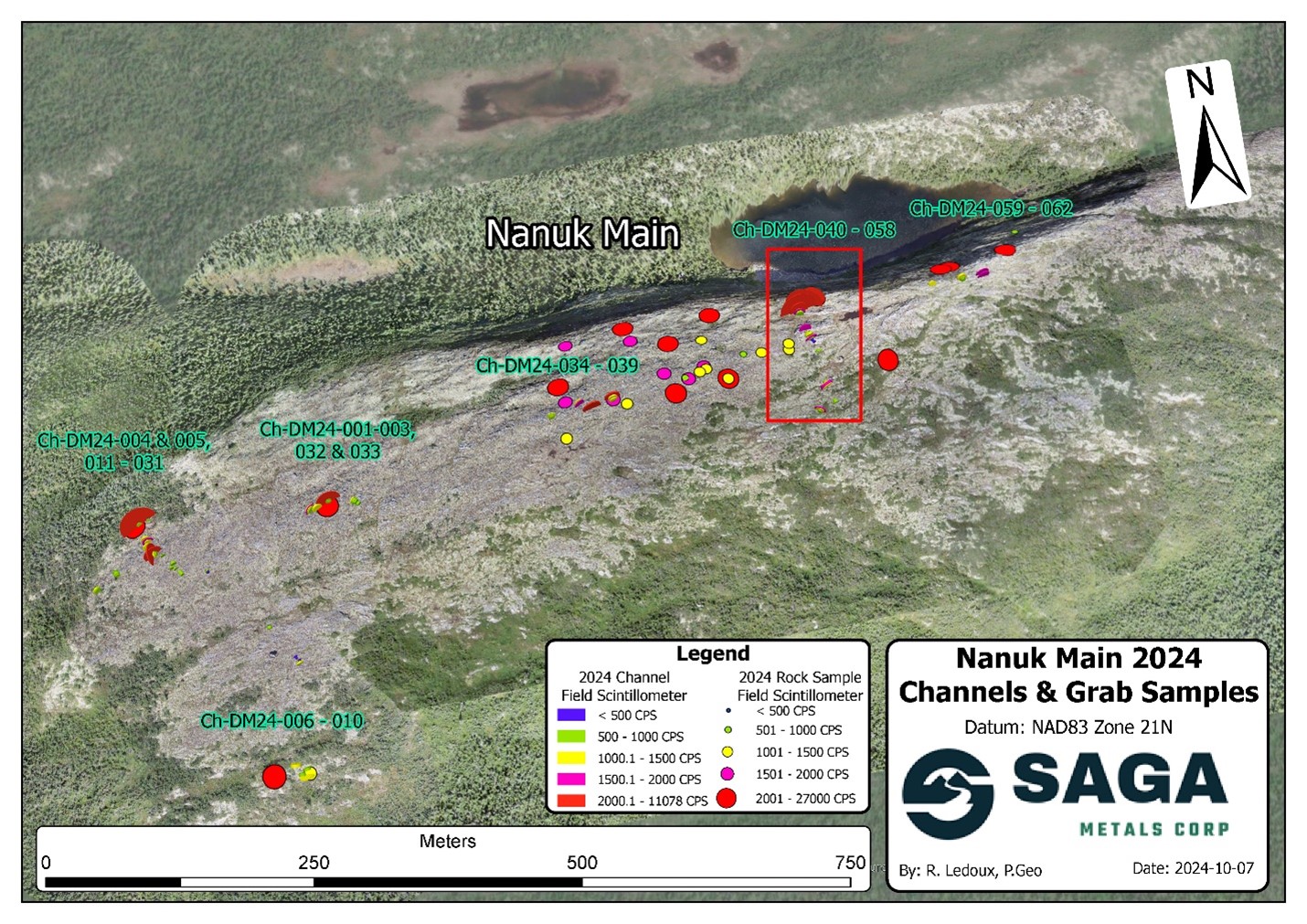 Nanuk (Polar bear) zone. The main section with 2024 Saga metals rock and channel sample locations expressing corresponding CPS (Counts per second) rea