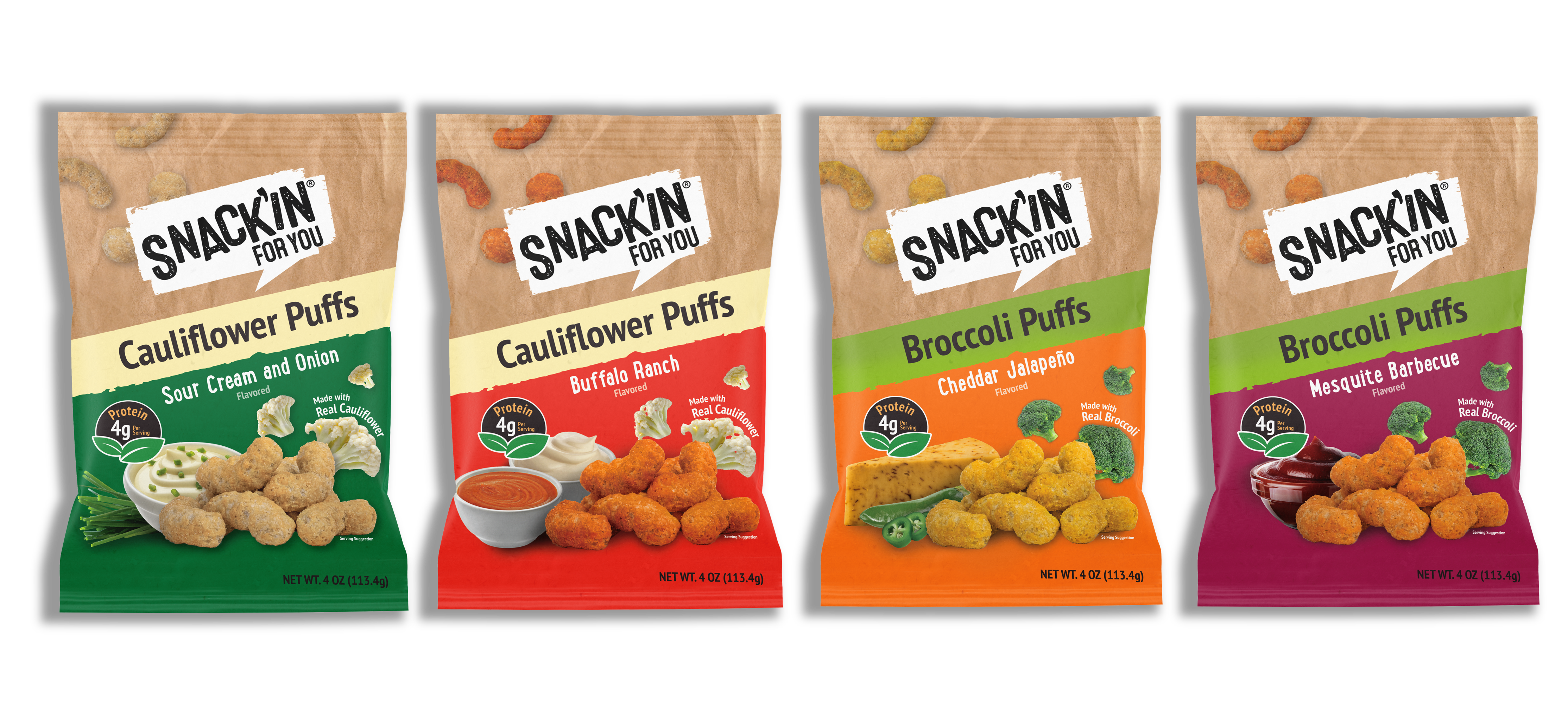 Snack'in For You's vegetable-based, high-protein, baked, better-for-you puffs are available as two- and four-ounce bags in Sour Cream and Onion Cauliflower, Buffalo Ranch Cauliflower, Mesquite Barbeque Broccoli, or Cheddar Jalapeno Broccoli flavor profiles.