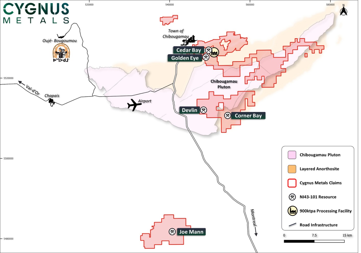 Location of high-grade Corner Bay, Devlin, Cedar Bay, Joe Mann and Golden Eye deposits in hub and spoke model.  image