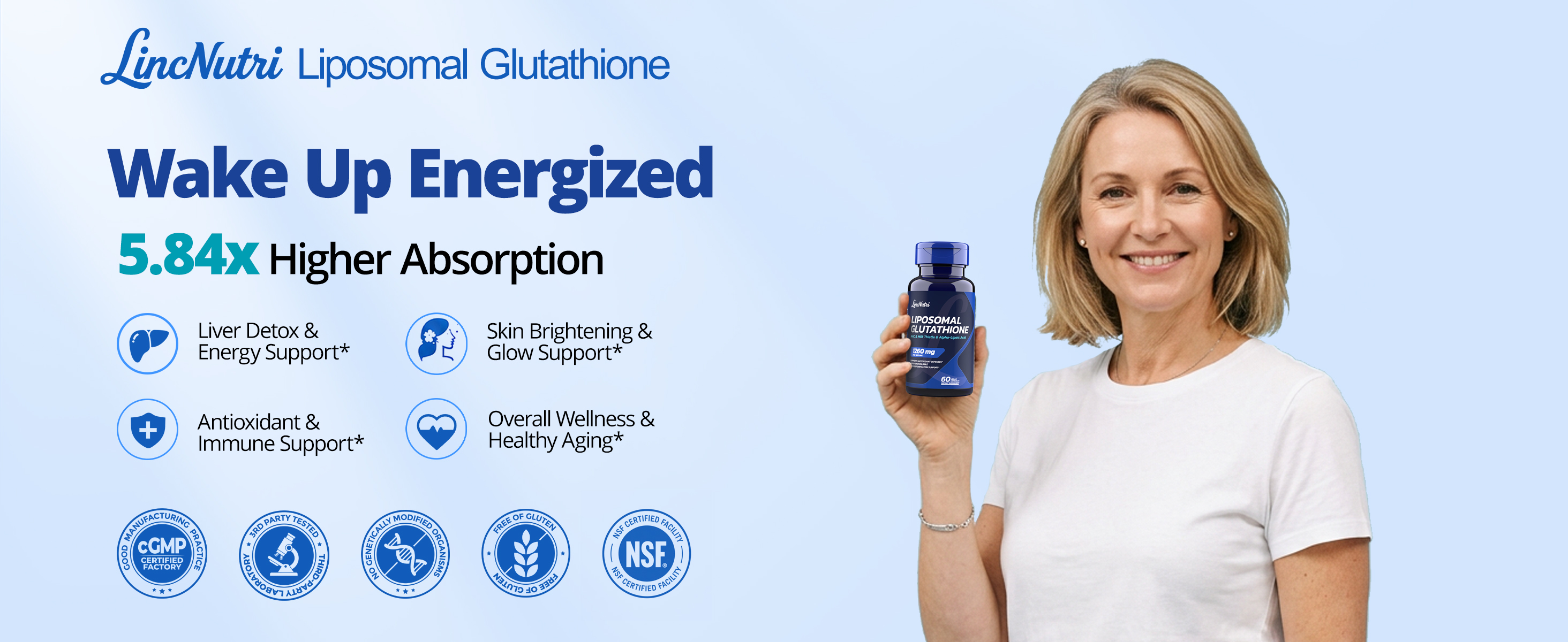 A woman holding a bottle of LincNutri liposomal glutathione supplement next to listed product health benefits.