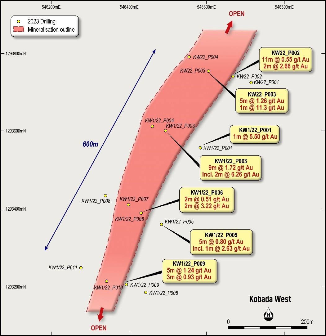 Plan showing Kobada West RC drilling locations and results