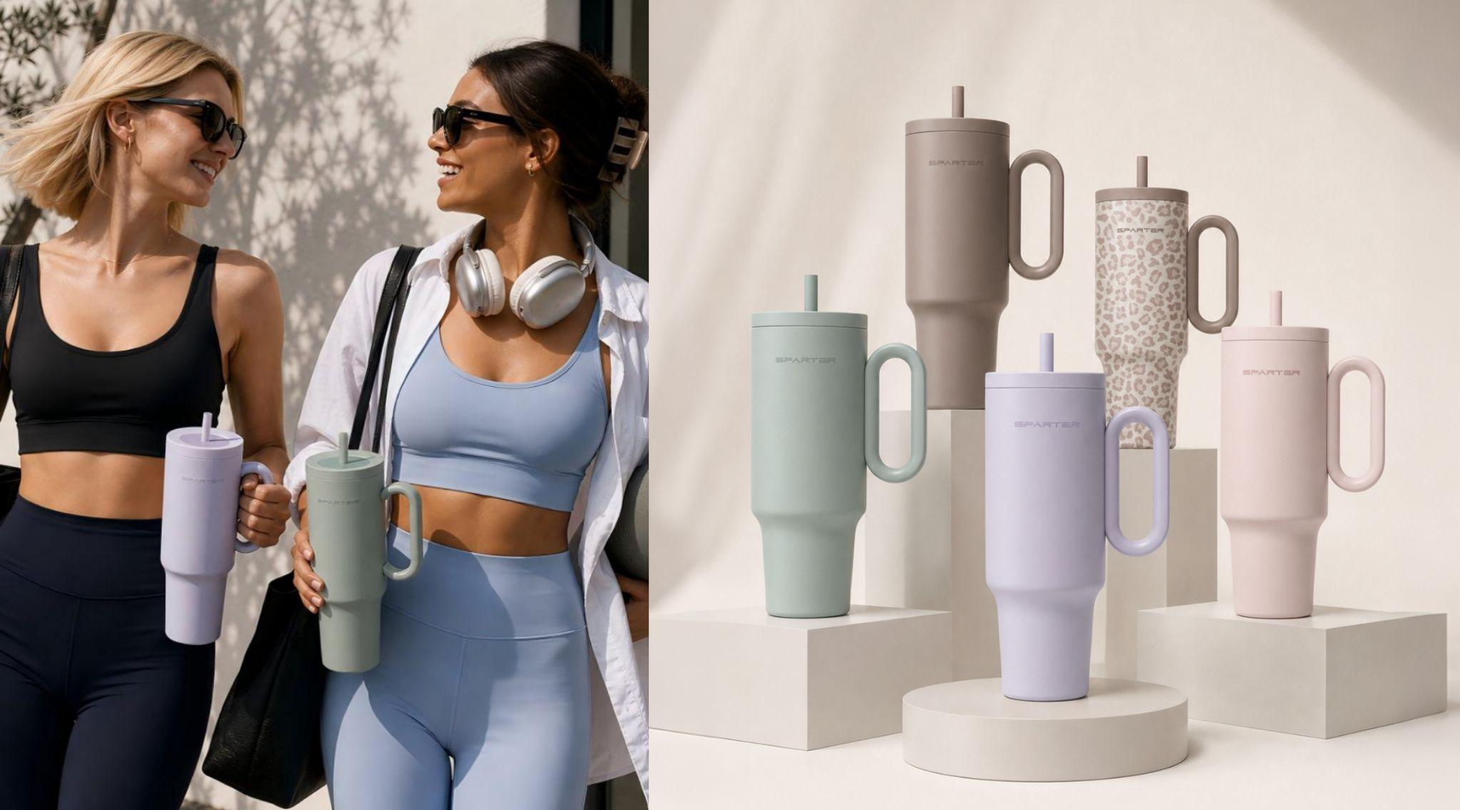 SnapSip Travel Mug lifestyle scene with women outdoors and colorful insulated tumblers displayed in multiple shades