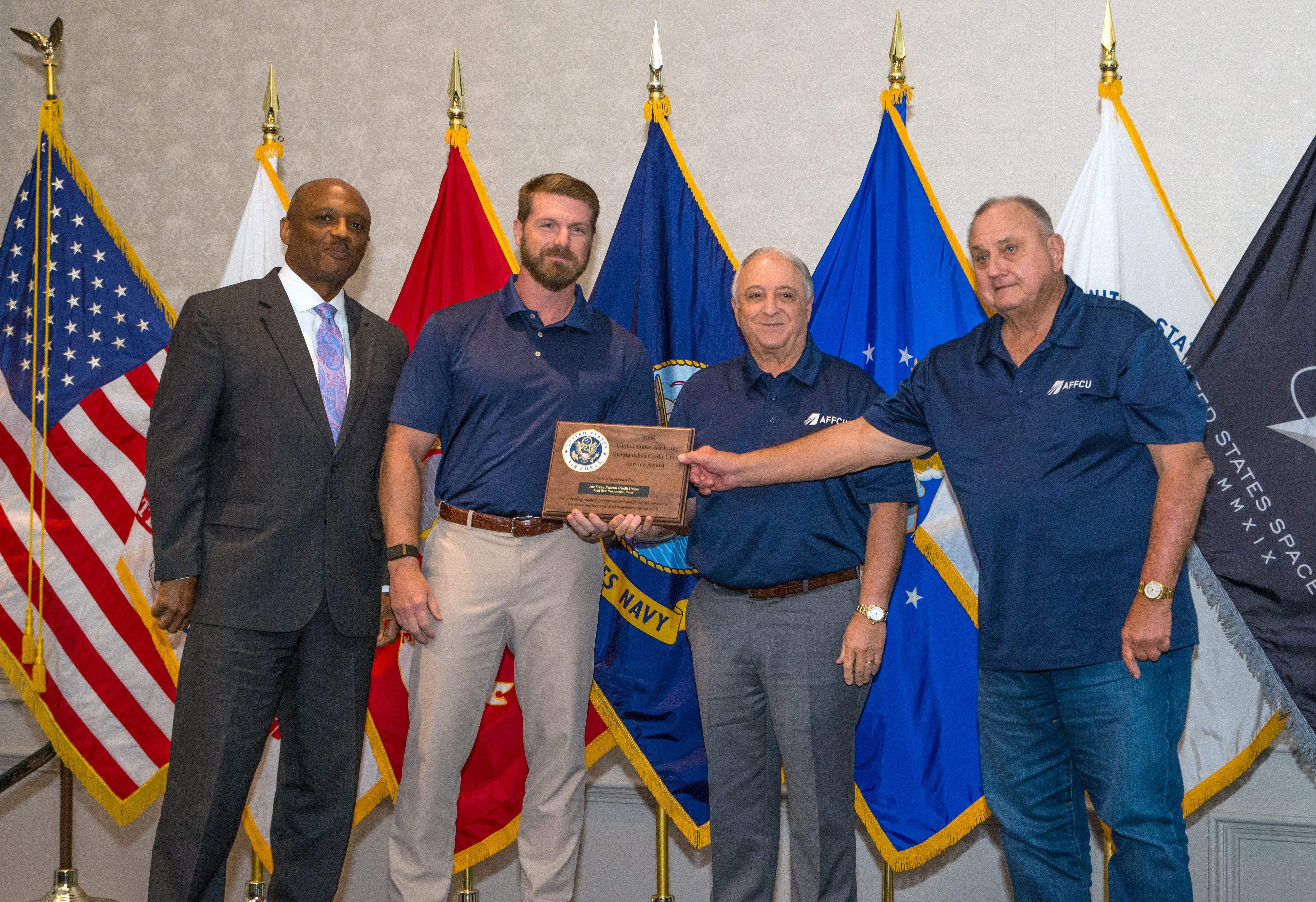 (L-R) Fredrick E. Carr, Deputy Assistant Secretary (Office of the Assistant Secretary for Financial Management and Comptroller US Air Force); Ryan Ross, President/CEO, AFFCU; Col Sam V. Farace Jr., USAF (Ret), Board Chairman, AFFCU; Melvin J. Moczygemba, CPA, Board Treasurer, AFFCU.